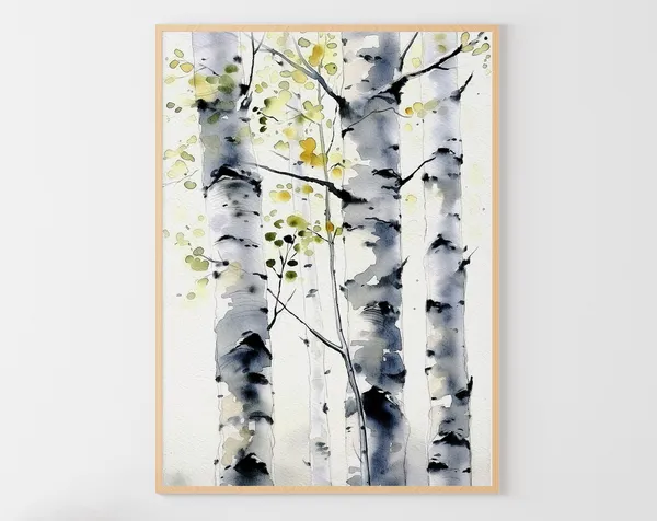 Birch Trees Watercolor Art Print, Spring Birch Grove