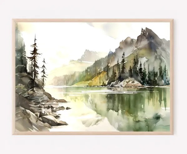 Mountain Lake Watercolor Landscape, Modern Minimal Art Print
