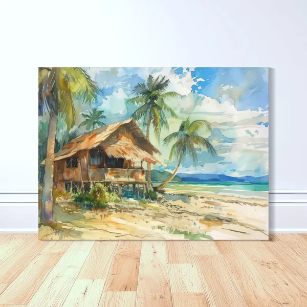 Bahay Kubo Beach Travel Poster, Watercolor Painting
