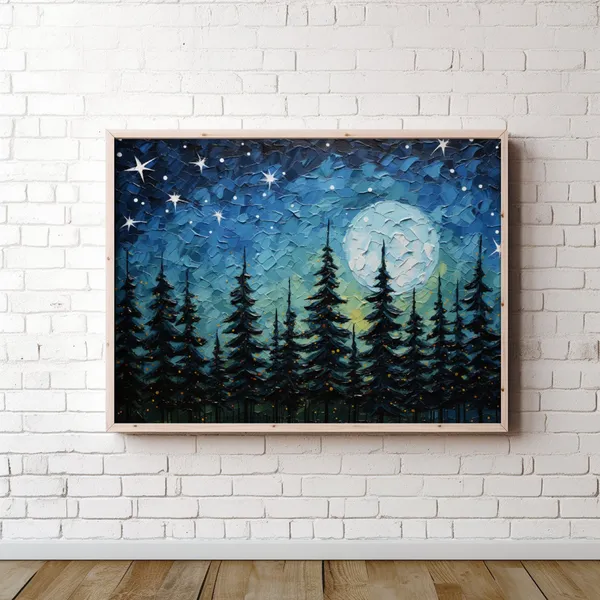 Starry Night Sky Pine Tree Silhouette Art Print