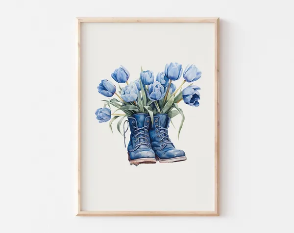 Boots With Flowers Blue Tulip Watercolor Art Print