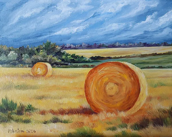 Hay Bales Landscape Oil Painting Art Print, Farmhouse