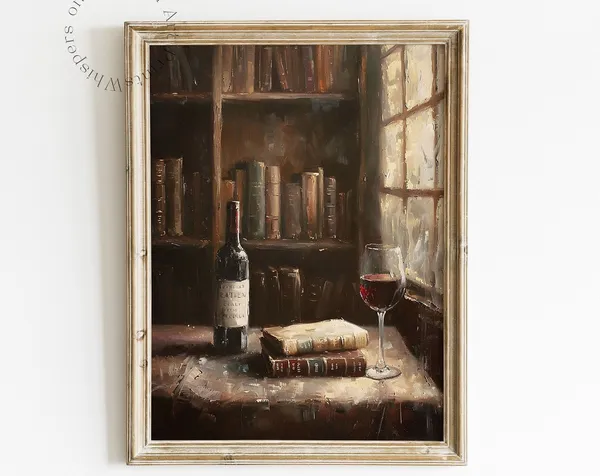 Wine And Books Vintage Kitchen Wall Art Print