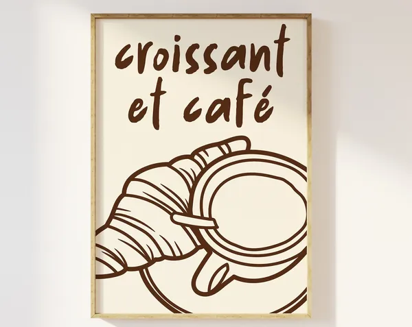 Caf Et Croissant French Kitchen Art Print, Minimalist
