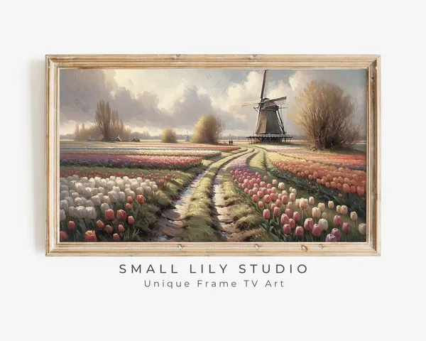 Tulip Landscape With Dutch Windmill, Vintage Art Print