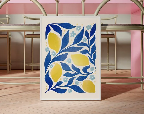 Blue And Yellow Lemons Eclectic Kitchen Art Print