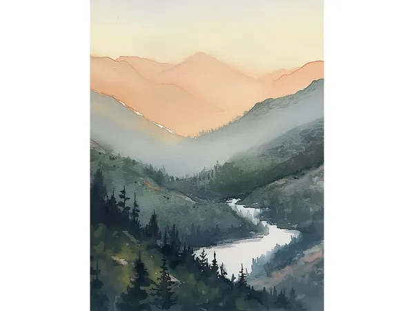 Idaho Salmon River Watercolor Art Print, Mountain Range