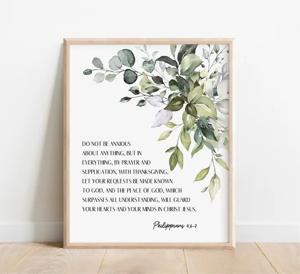Philippians 4:6-7 Scripture Print, Watercolor Botanical Leaf