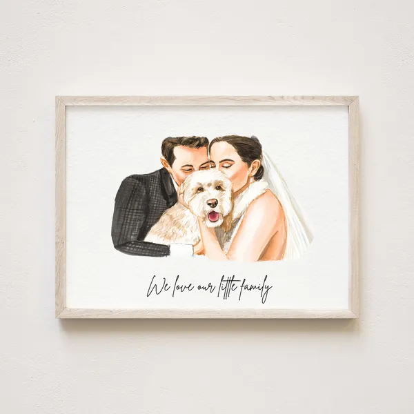 Personalized Couple Portrait With Pet, Watercolor Art Print