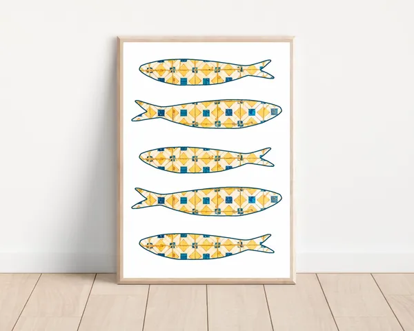 Yellow Portugal Sardine Tile Art Print, Boho Lisbon