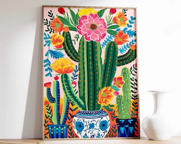 Vintage Mexican Cactus Art Print, Traditional Floral Decor