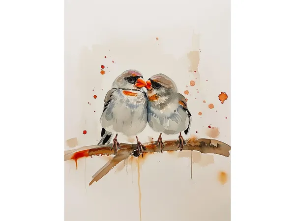 Zebra Finch Kissing Birds Watercolor Art Print