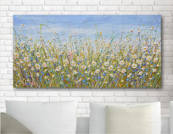 Daisies Wildflower Meadow Art Print, Floral Landscape