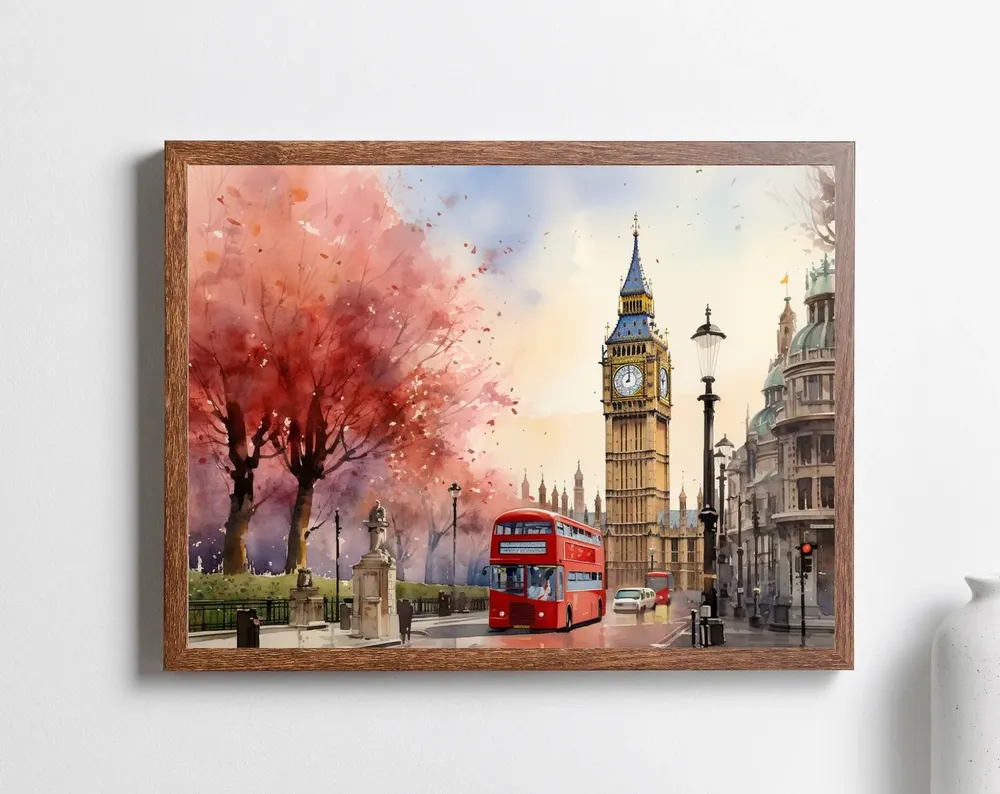 Watercolor London Print, Big Ben Red Bus Travel Poster