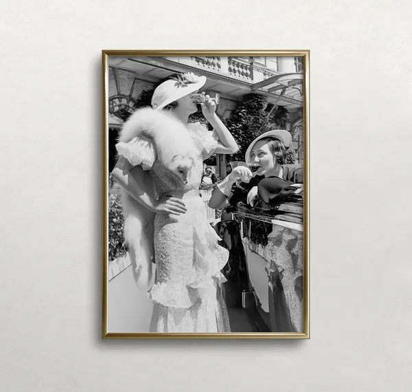 Women Drinking Wine Black And White Vintage Art Print