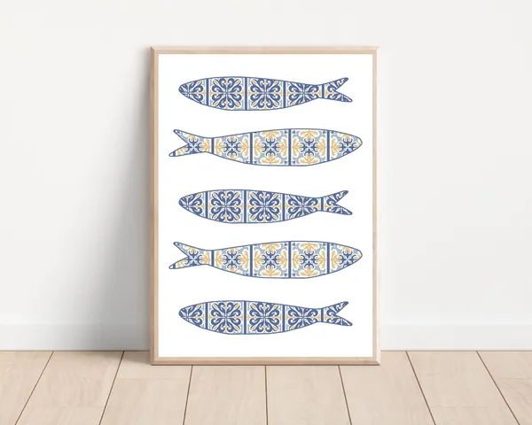 Boho Portuguese Sardine Art Print, Mediterranean Tile