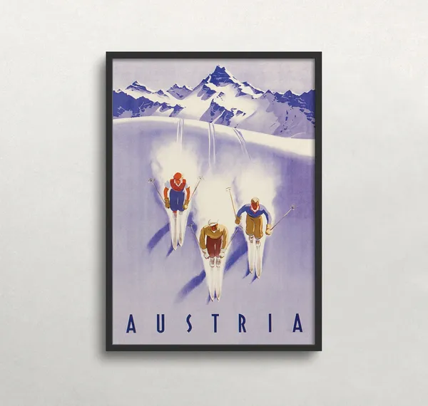 Austria Ski Poster, Vintage Downhill Skiers Art Print