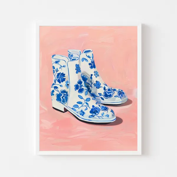 Blue Floral Boots, Retro Vintage Delft Art Print