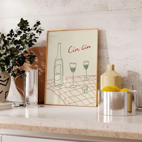 Wine Print Kitchen Poster, Cin Cin Kitchen Decor