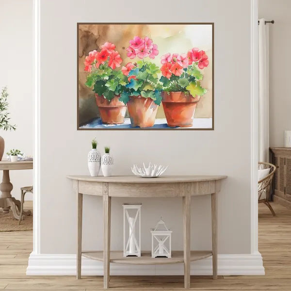 Watercolor Geranium Pots Art Print, Floral Garden Study
