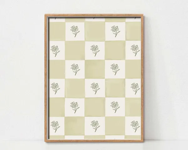 Checkered Flower Print, Retro Nursery Art Print