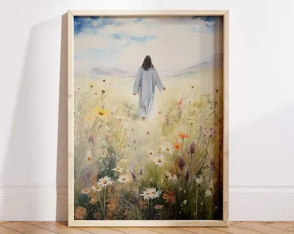 Jesus Christ Walking in a Field Watercolor Art Print