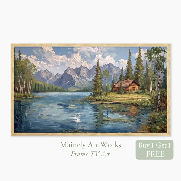Lake Mountain Landscape Art Print, Log Cabin Decor