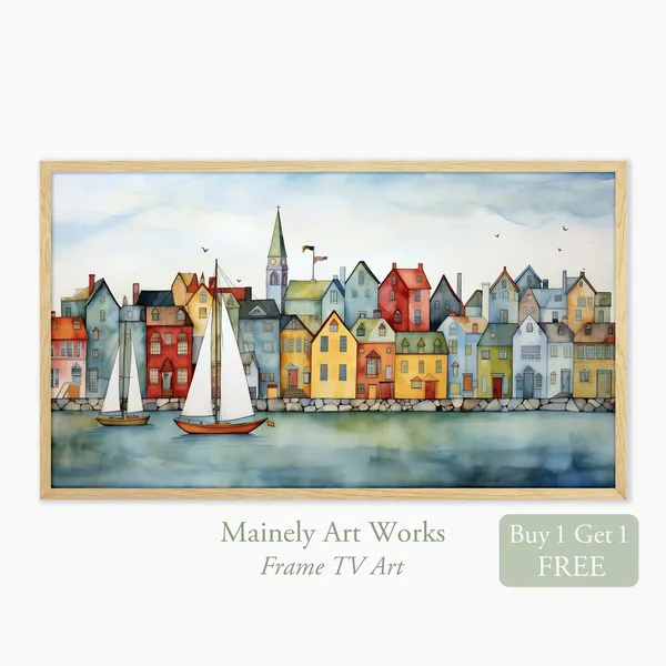 Coastal Village Summer Art Print, Nautical Decor