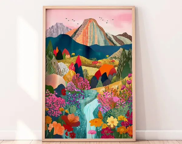 Abstract Mountain Artwork, Colorful Patchwork Print