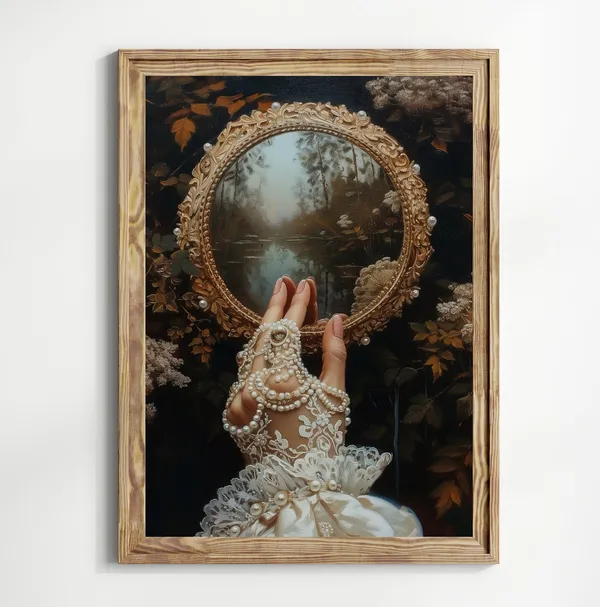 Mirror Victorian Woman Art Print, Moody Vintage Decor