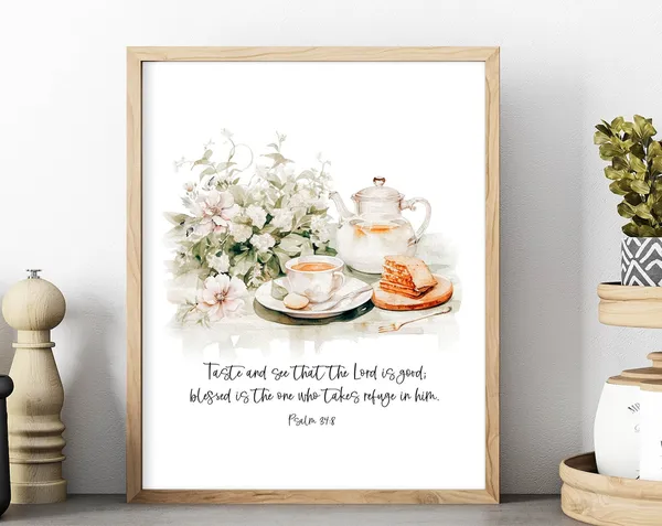 Psalm 34:8 Scripture Art Print, Cottage Decor