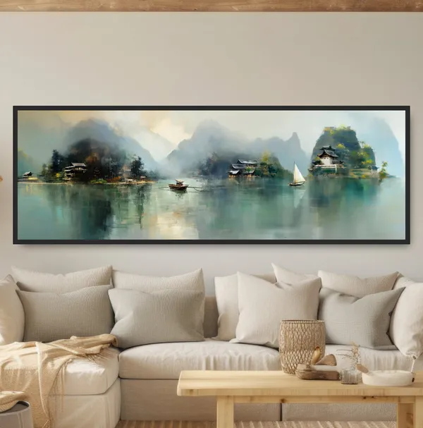 Boats on an Asian Lake, Mountain Island Homes Art Print