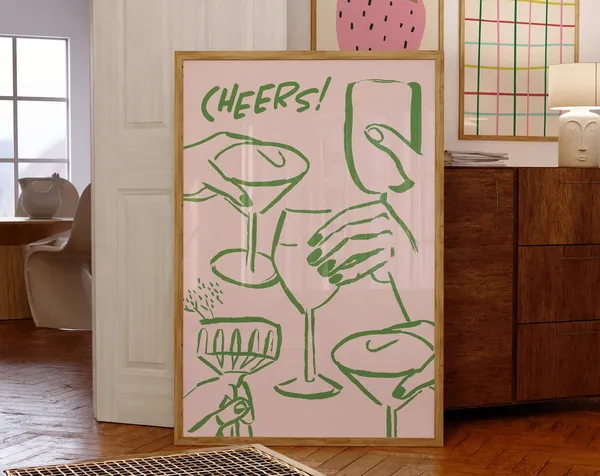 Cheers Hand Drawn Pink and Green Art Print