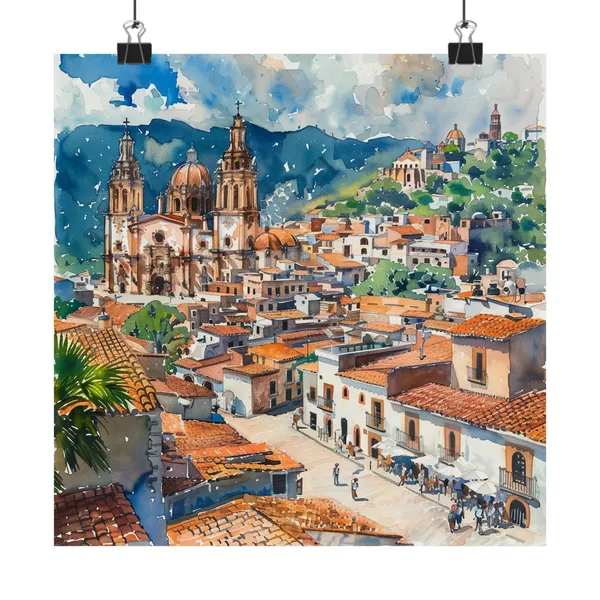 Taxco Mexico Travel Poster, Santa Prisca Watercolor