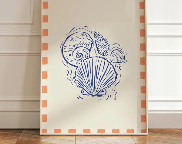 Blue Seashells Retro Art Print, Coastal Bathroom Decor