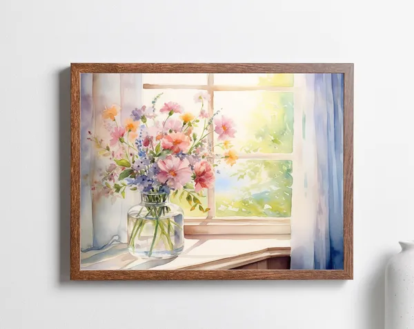 Vintage Window Sill With Flower Watercolor Art Print