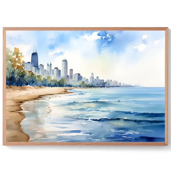 Ohio Street Beach Watercolor Art Print, Chicago Travel Poster