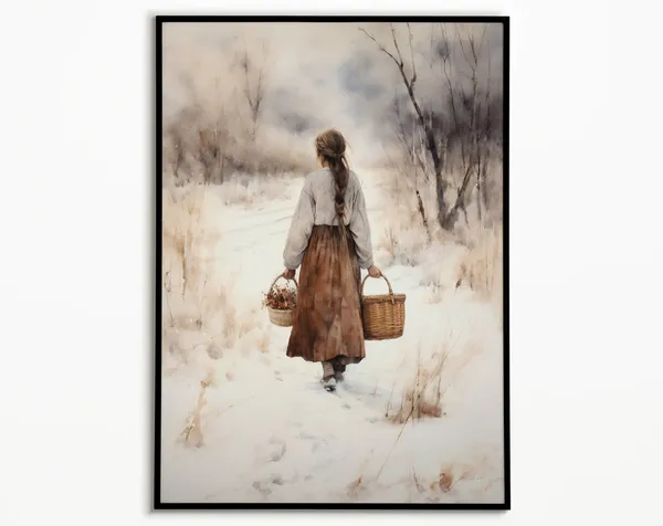 Vintage Winter Forest Poster, Snowy Winter Decor