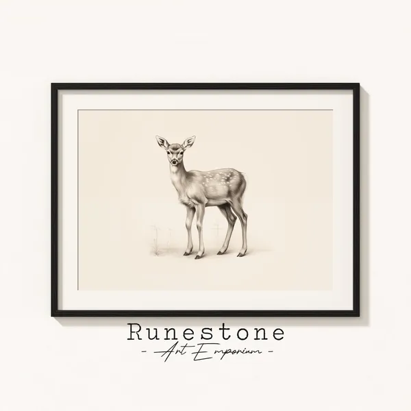 Fawn Baby Deer Sketch Art Print, Neutral Wildlife