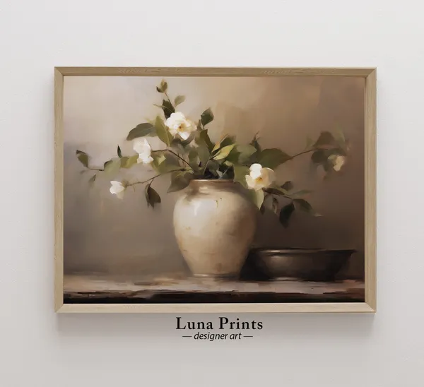 Muted Spring Floral Painting Art Print, Neutral Tones