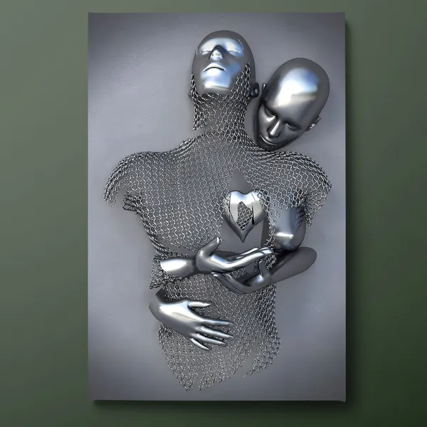 3D Hugging Couple Silver Heart Wall Art Print
