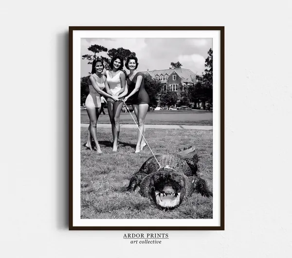 Women Posing With Pet Alligator, Florida Travel Poster