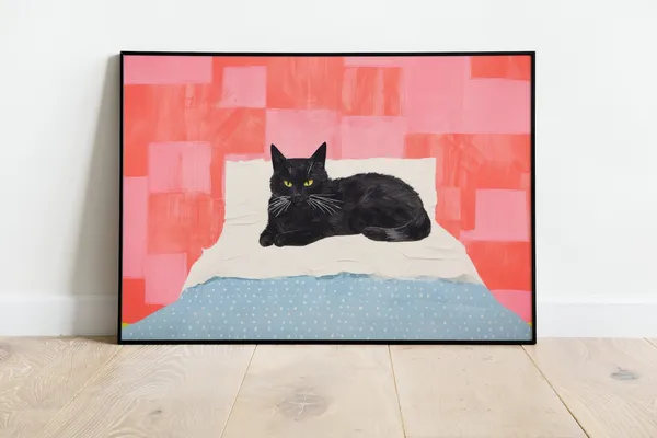Black Cat Eclectic Wall Art, Cat Lover Gift Print