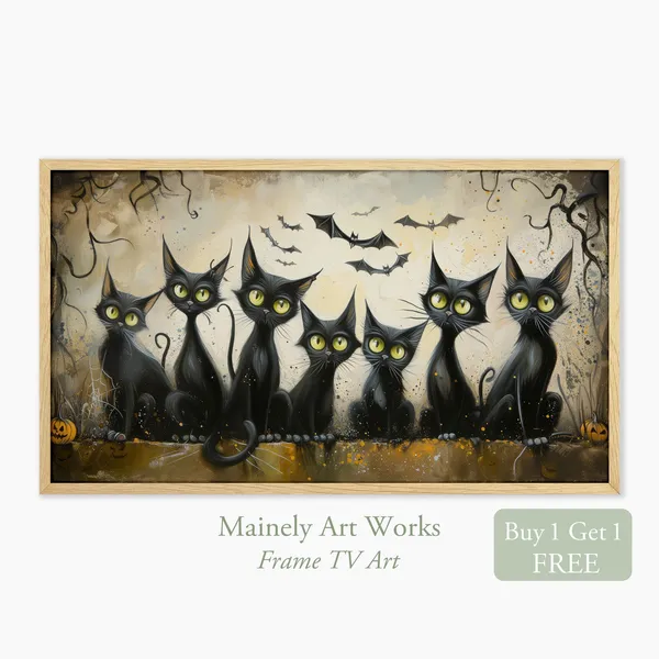 Black Cats, Halloween Cats and Bats Art Print