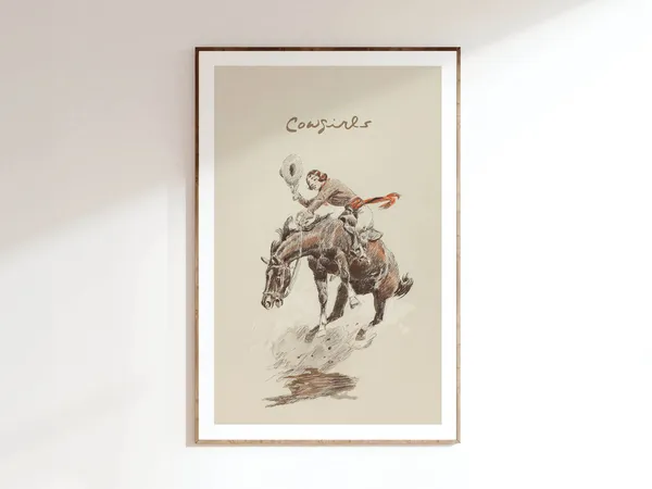 Vintage Cowgirl Bathroom Wall Art Print, Girls Decor