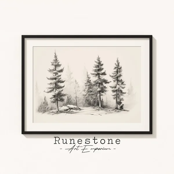 Pine Treeline Botanical Sketch, Minimal Landscape Art Print