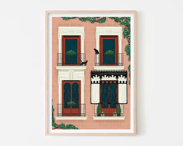 Madrid Plaza Mayor Black Cat Art Print