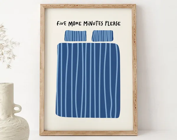 Five More Minutes Retro Blue Bed Quote Art Print
