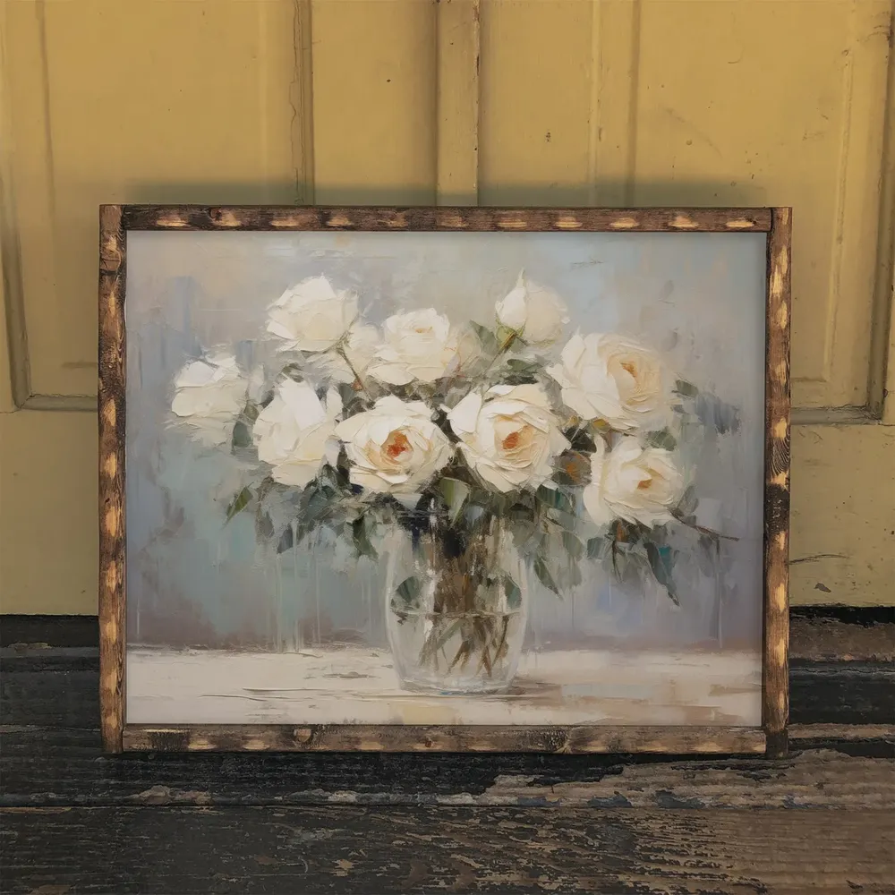 White Roses In Glass Vase, Vintage Still Life Art Print - Image 2