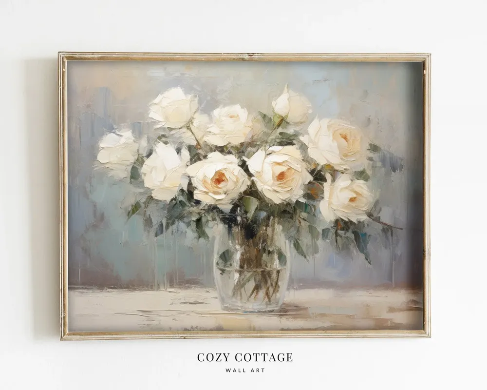 White Roses In Glass Vase, Vintage Still Life Art Print